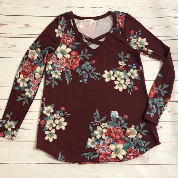 SOFT Burgundy Floral Caged Neck Long Sleeve Top - Picture 3 of 4